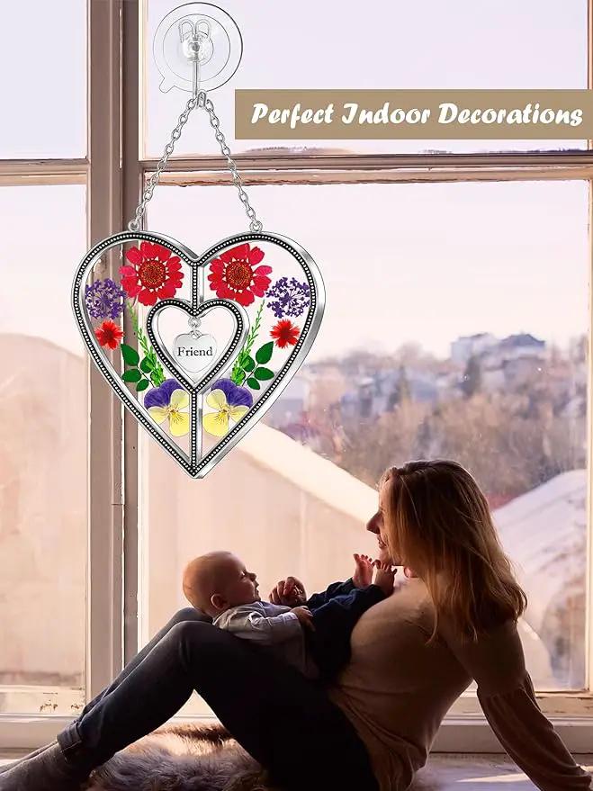 KY&BOSAM Heart Suncatcher Friend Stained Glass Hangings for Windows Real Flower Glass & Metal Maker Sun Catchers Birthday Gifts for Frined Home Party Backyard Indoor Outdoor Decor Christmas Ornament by GreenHaven Gardens