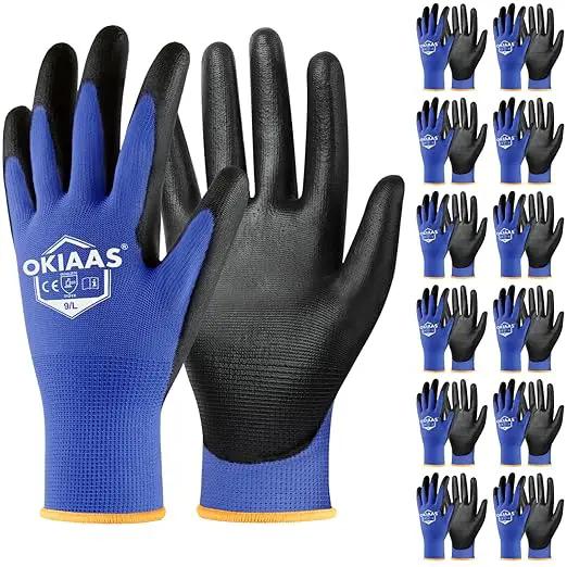OKIAAS Men's Large Blue 12 Pairs Ultra Thin and Lightweight Working Gloves with Grip, Polyurethane Coating, Safety Gloves for Light Duty Work by GreenHaven Gardens