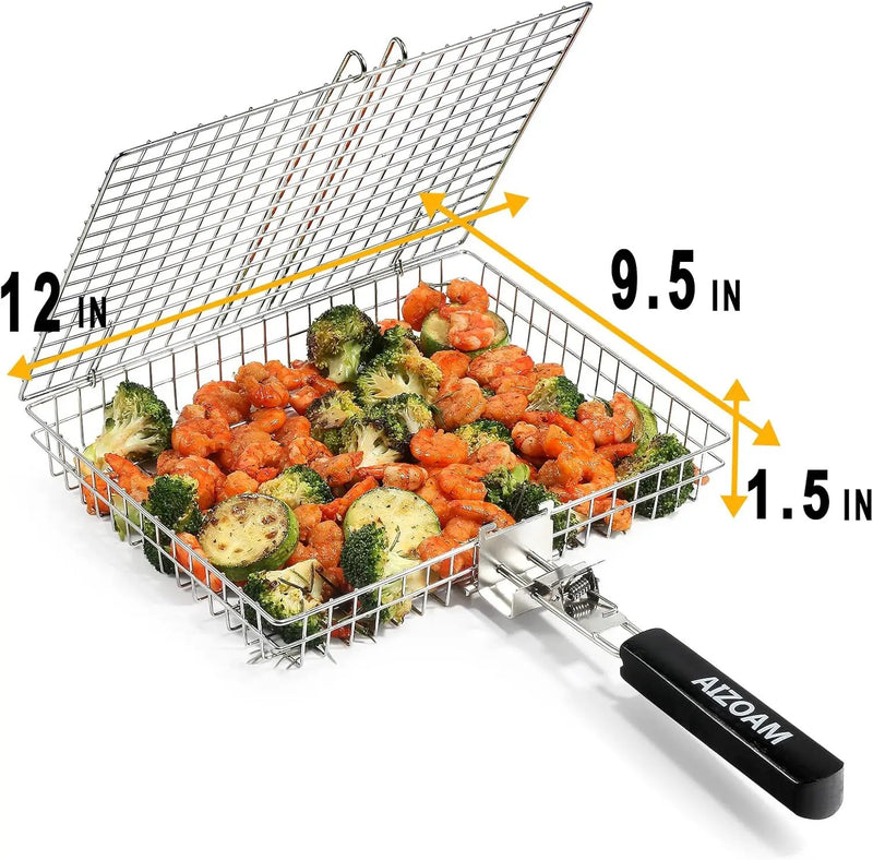 Grill Basket - Grill Baskets for Outdoor Grill, Stainless Steel Large Grilling Basket w Removable Handle, Portable Fish Grilling Rack for Grill Ideal Meat Fish Vegetables Grilling Accessories by GreenHaven Gardens