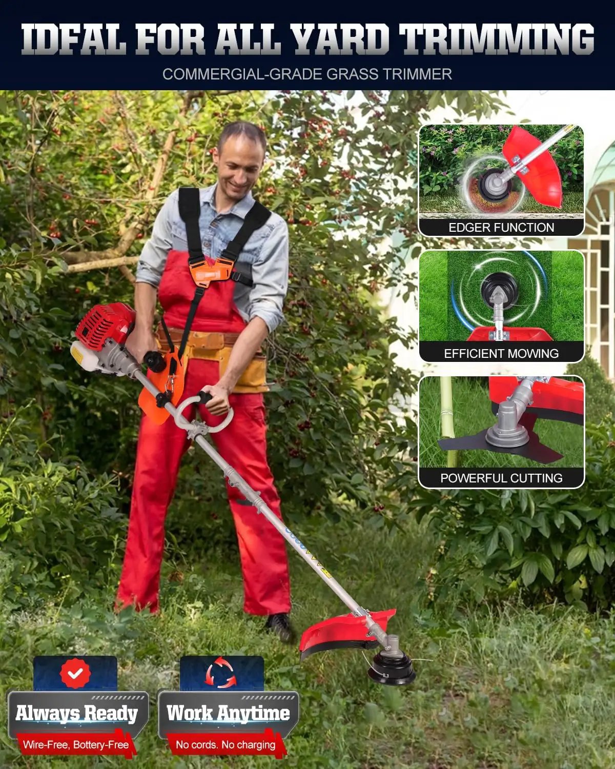 52cc Gas Powered Weed Eater and Brush Cutter 3-in-1, Heavy Duty Straight Shaft String Trimmer with Harness and 2 Heads for Tough Weeds, Grass, and Land Clearing (PT6082) by GreenHaven Gardens