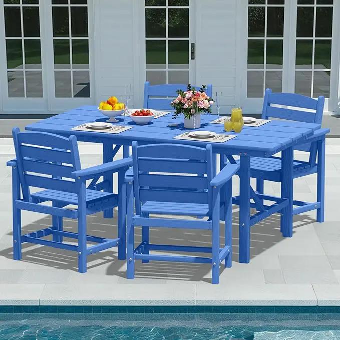 Patio Dining Set for 4 with Umbrella Hole - 66" Outdoor Table & 4 Chairs, All-Weather HDPE Outdoor Furniture for Lawn, Garden, Backyard, Poolside, Navy by GreenHaven Gardens