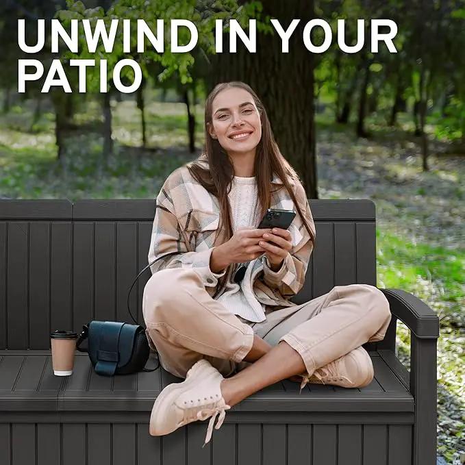 EconoHome 3 Seat Outdoor Storage Bench with Rain Cover - 90 Gallon Capacity - Weatherproof Resin Bench for Patio, Porch, Garden, Yard, Pool Area - Furniture for Pool Accessories, Gardening Tools by GreenHaven Gardens