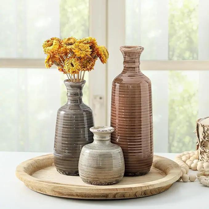 Ceramic Vases Set of 3, Neutral Rustic Farmhouse Vases Home Decor Decorative Flower Vase Modern Boho Pampass Vase for Table Mantel Entryway Shelf Living Room Kitchen Bathroom - Brown by GreenHaven Gardens
