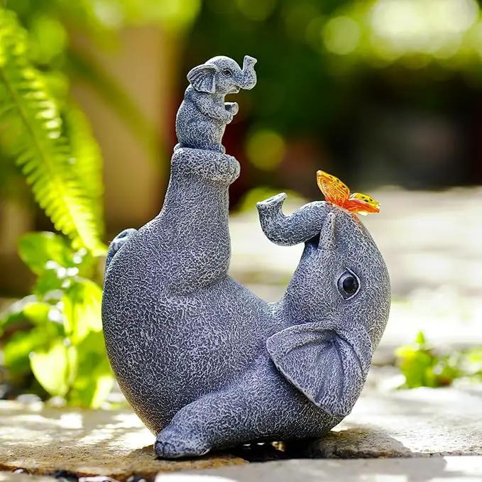 Mommy & Baby Elephant Garden Statue with Solar Butterfly Lights - Perfect Elephant Decor & Ornament for Women, Housewarming Gifts and as Garden Decorations by GreenHaven Gardens