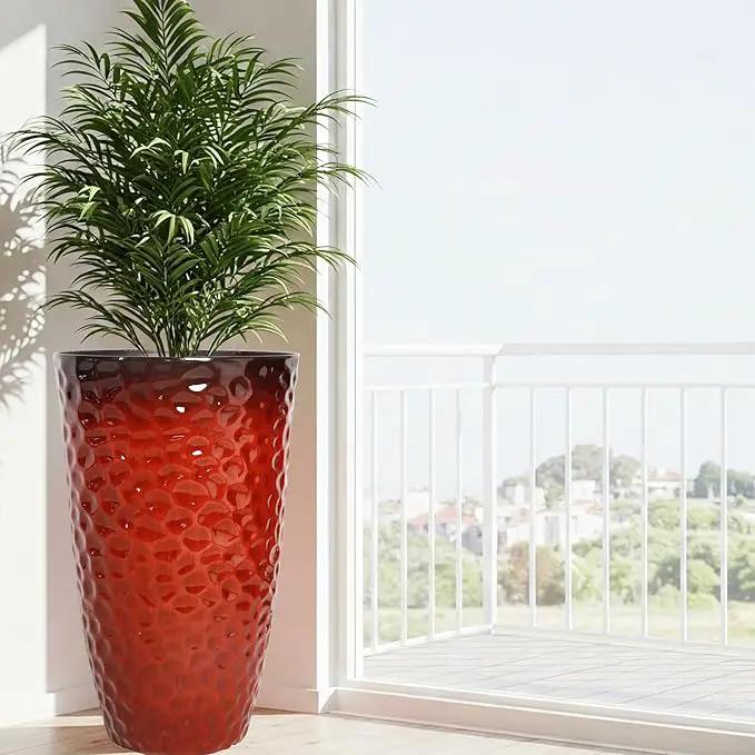 Worth Garden 14" Dia x 24" H Large Plastic Planters with Drainage Hole, Set of 2 Hammered Texture Red Glossy Smooth Finish, Tall Taper Round Decorative Flower Plant Pot for Indoor Outdoor, Front Porch by GreenHaven Gardens