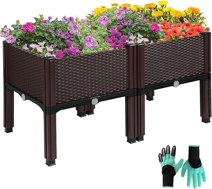 Emalie Raised Garden Beds Elevated Plastic Planter Box with Drainage Plugs Perfect for Vegetables Flowers Herbs Growing Outdoor, 31.5" Lx15.7 Wx16.5 H Brown by GreenHaven Gardens