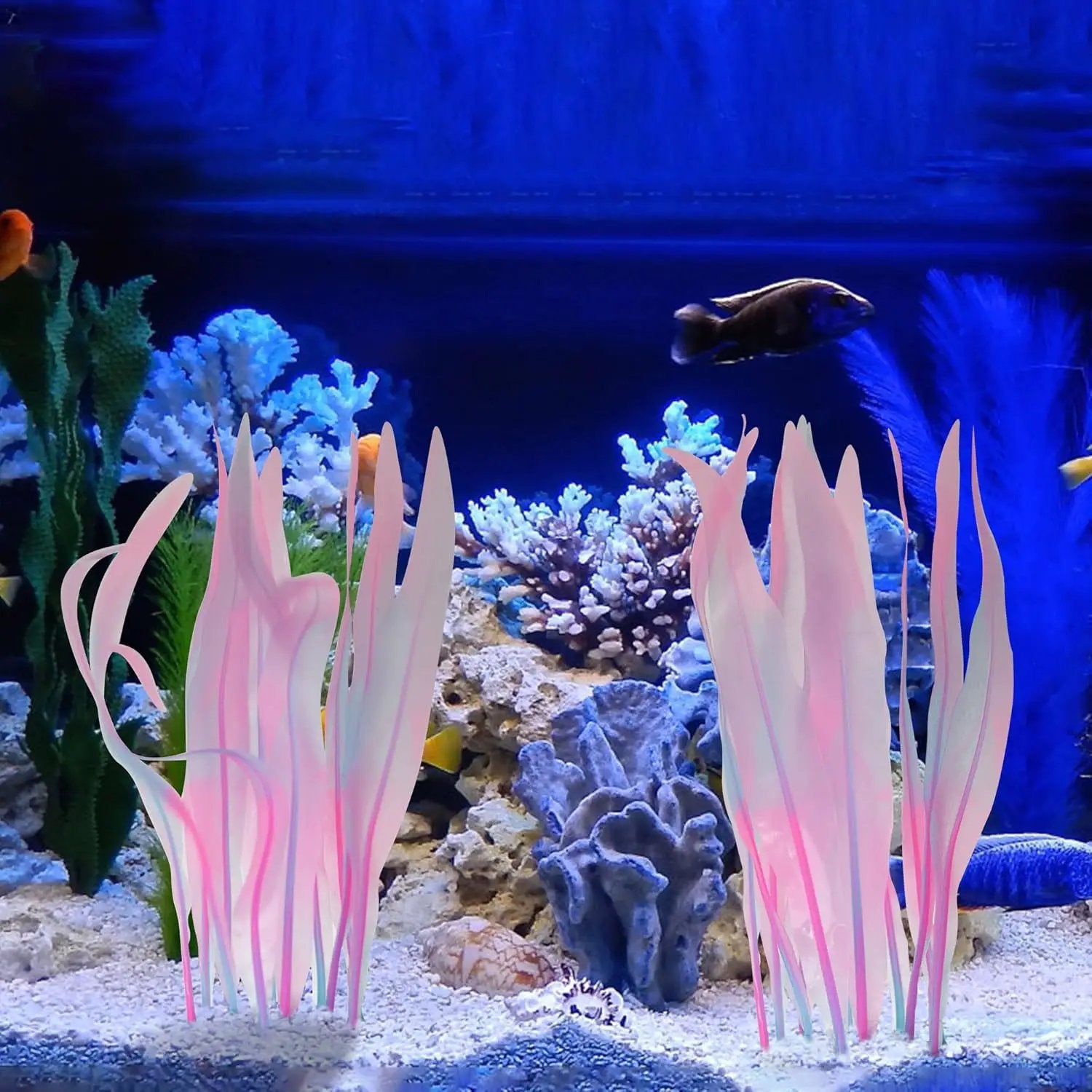 Kaiyuan Dynasty 2pc Aquarium Decor Plastic Plants Fish Tank Artificial Plants Glowing Aquarium Kelp Move with Water Flows Soft Silicone Aquatic Seaweed,7inch,Pink by GreenHaven Gardens