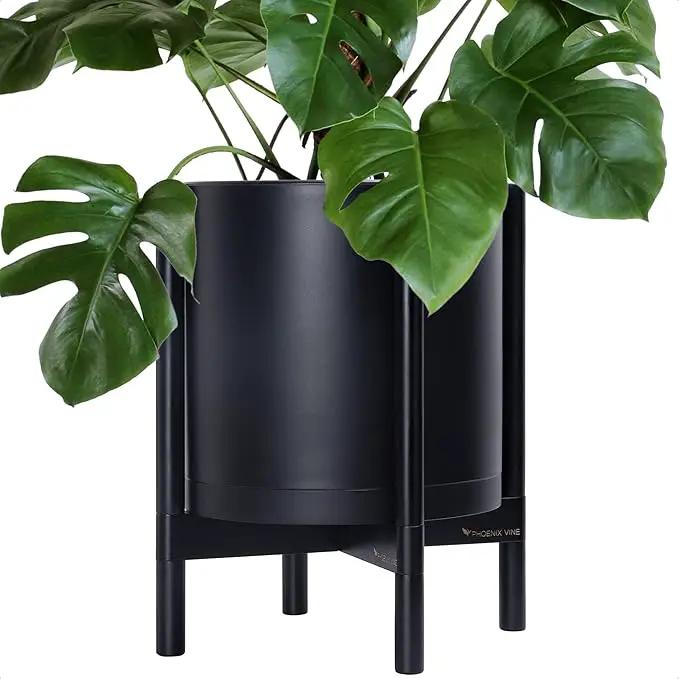 D'vine Dev Planter Pot with Stand - 14 Inch Plastic Cylinder Flower Pot with Wood Planter Holder for Indoor, Matte Black Pot + Ebony Stand, 55-C-T-2 by GreenHaven Gardens