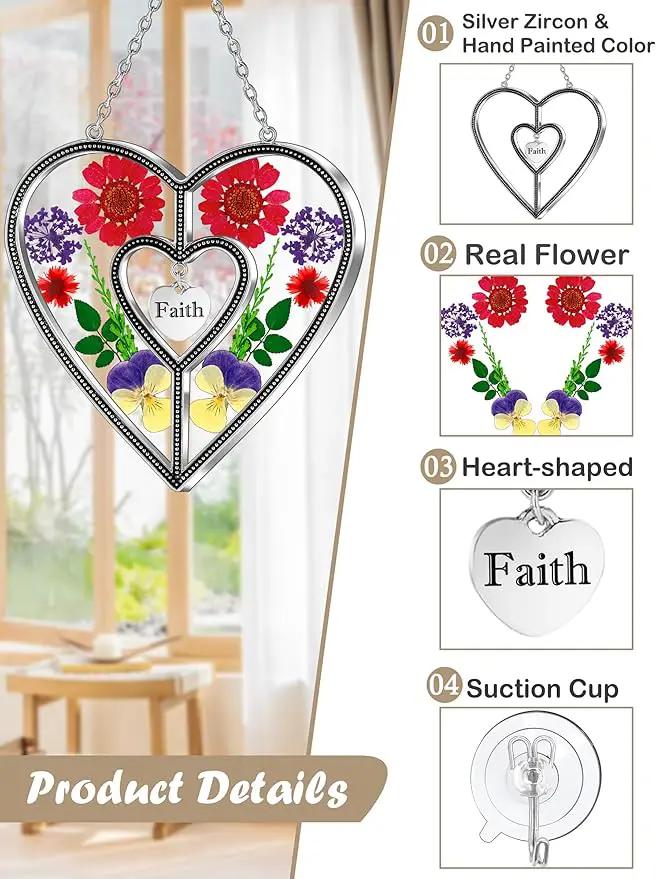 KY&BOSAM Heart Suncatcher Faith Stained Glass Hangings for Windows Sun Catchers Birthday Gifts for Women Real Flower Glass & Metal Maker for Christmas Tree Wedding Party Patio Home Garden Decor by GreenHaven Gardens