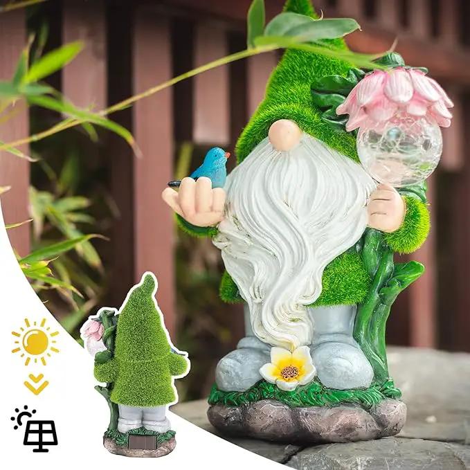 Garden Gnome Statue - Funny Gnome Decoration Hold Flower with Solar Crackle Glass Globe Lights, Resin Gnome Figurine Ornament for Patio Yard Lawn Porch Outdoor Decor by GreenHaven Gardens