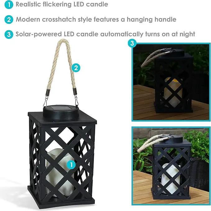 Sunnydaze Modern Crosshatch 9-Inch Solar LED Decorative Candle Lantern - Tabletop/Hanging Light - Set of 2 - Black by GreenHaven Gardens
