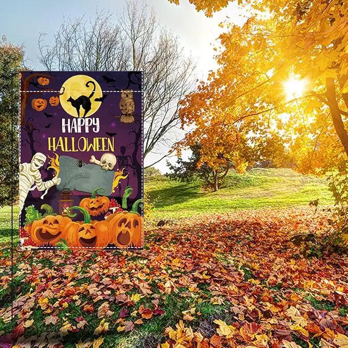 Happy Halloween Garden Flag Halloween SpookyGhost Skeleton Bats Garden Flag 12x18 inch Double Sided Holiday Decorations for Yard Outside Lawn (Flay 1811) by GreenHaven Gardens