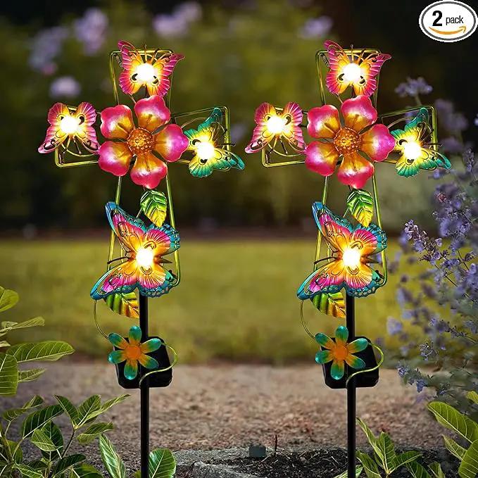 Solar Cross Garden Lights, 2 Pack Solar Butterfly Stake Lights Cemetery Decorations for Grave, Jesus Cross Sympathy Memorial Gifts for Mother Grandma, Metal Garden Art for Yard Lawn Patio Decor by GreenHaven Gardens