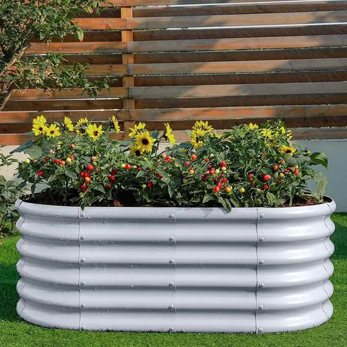 Land Guard 18“ Tall 4×2ft Galvanized Raised Garden Bed Kit, Galvanized Planter Garden Boxes Outdoor, Oval Large Metal Raised Garden Bed for Vegetables……… (Modern Gray, 4×2×1.5ft) by GreenHaven Gardens