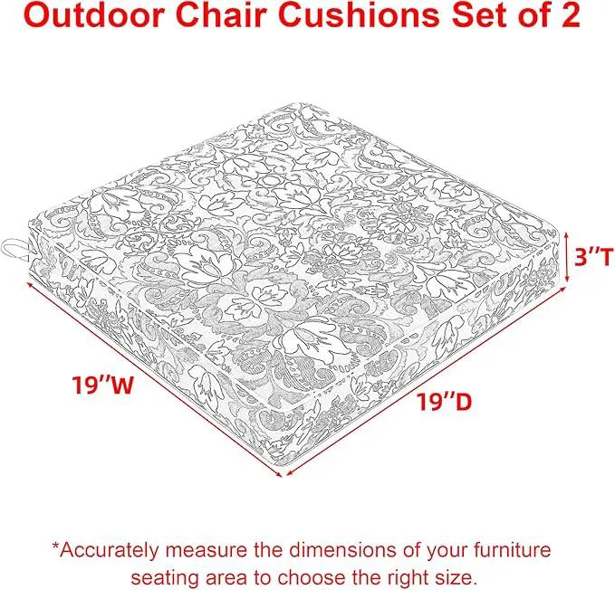 Favoyard Outdoor Chair Cushion 19 x 19 x 3 In Waterproof Pattern Fade Resistant Cushions for Patio Furniture with Removable Cover Attach Straps 28D Foam Insert Cushions Pads for Seat Sofa Couch 2 Pack by GreenHaven Gardens