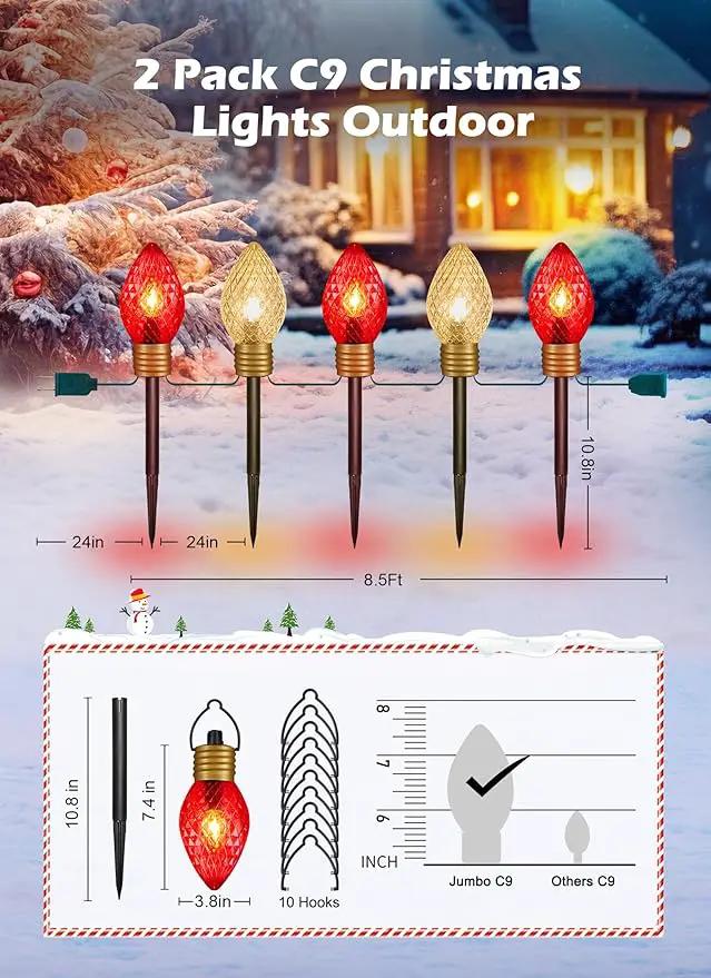 2 Pack Jumbo C9 Christmas Pathway Lights Outdoor - 8.5 Feet 5 C9 Walkway Lights, C7 Covered Jumbo Strawberry Red Bulb Christmas Decorations for Lawn Outside by GreenHaven Gardens