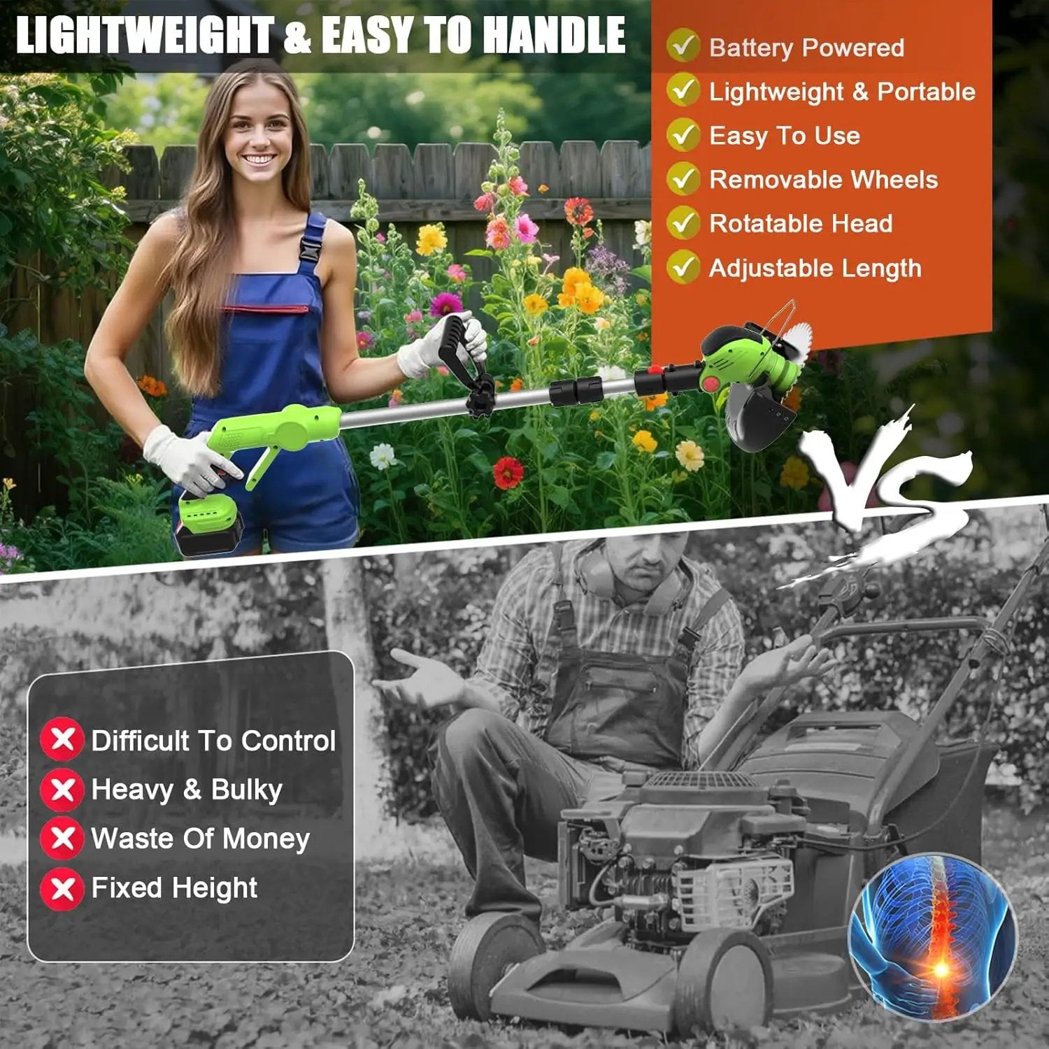 Cordless Electric Weed Wacker Battery Powered, 21v Lightweight Weed Trimmer Eater With 2 4.0Ah Battery Operated & Charger & Wheels & Shears, 3 In1 Grass Trimmer/Brush Cutter/Lawn Edger for Yard Garden by GreenHaven Gardens