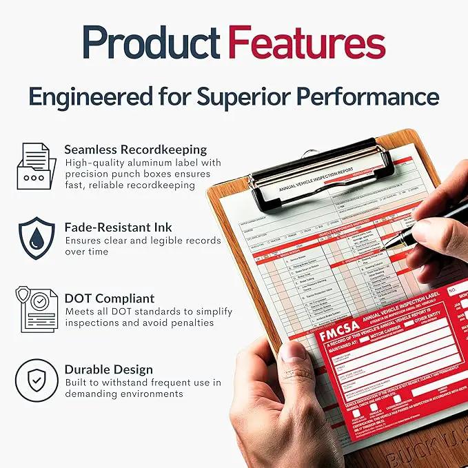 5 Pack Buck Aluminum Annual Vehicle Inspection Label with Punch Boxes, 2 Mil Red FMCSA Self Adhesive Sticker, DOT Compliant, Weatherproof, Tear Resistant, Easy to Write On, 6" x 3.5" - Made in USA by GreenHaven Gardens