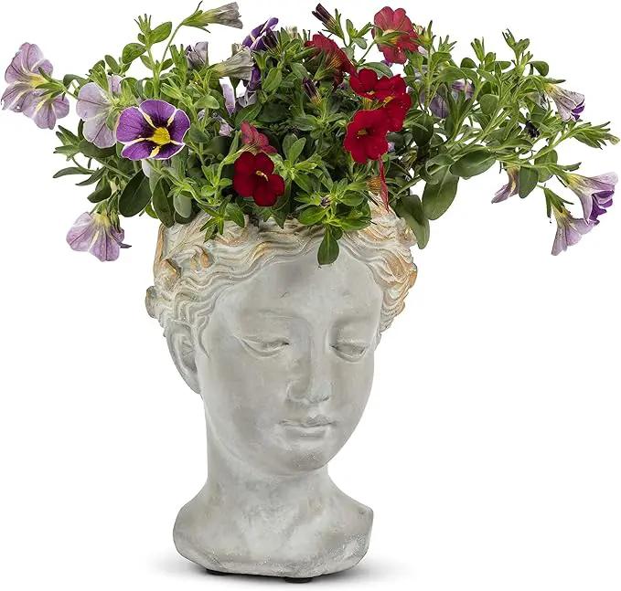 Abbott Collection Aphrodite Head Planter – Small Indoor and Outdoor Planter Pots - Whimsical Woman Statue Head Planter for Flowers and Succulents (6.5 inch, Grey/Gold) by GreenHaven Gardens