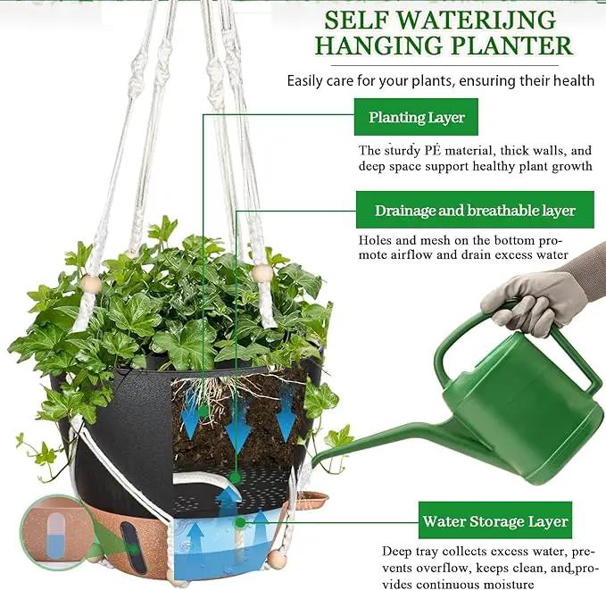 10 Inch Hanging Planters for Indoor Plants, 2 Pack Self Watering Hanging Baskets Flower Pots with Drainage Hole, Visual Reservoir & 2 Kinds of Plant Hanger for Outdoor Garden Home Decor（Black） by GreenHaven Gardens