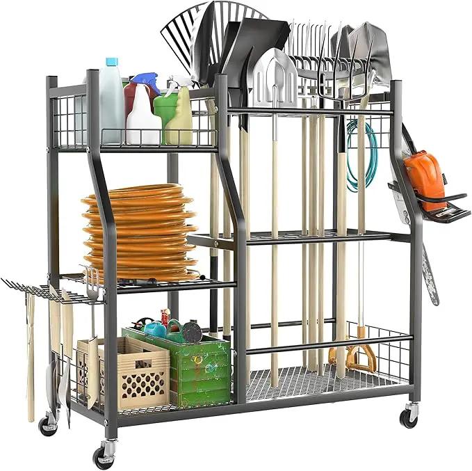 TORACK Garden Tool Organizer with Wheels, Rakes Shovels Yard Tools Stand for Garage, Shed, Garden, Indoor/Outdoor Long-Handled Tools Cart by GreenHaven Gardens