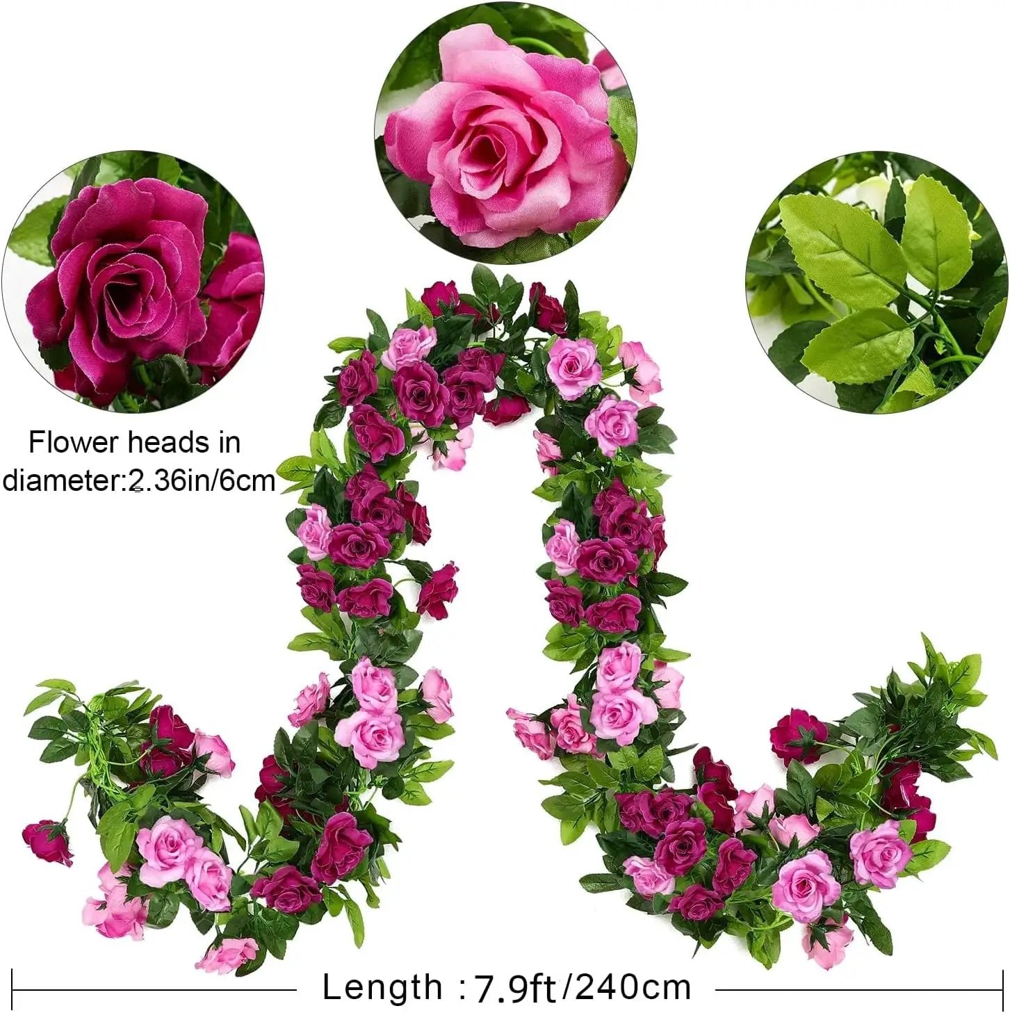 JUSTOYOU 2 Pack (15.8FT) Fake Rose Garland, Artificial Rose Vines Flowers Hanging Silk Rose Vine Wedding Home Backdrop Party Arch Arrangement Decoration by GreenHaven Gardens
