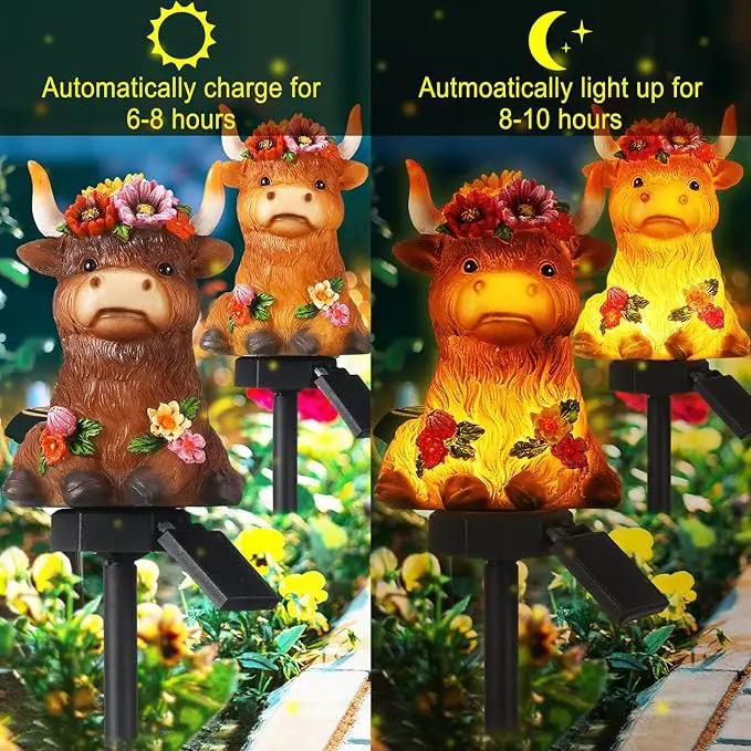 2 Pack Highland Cow Solar Lights Outdoor Garden Gnome Statues Resin Lamp Decor Waterproof Stake Lights Highland Cow Gifts for Yard Patio Lawn Decor by GreenHaven Gardens
