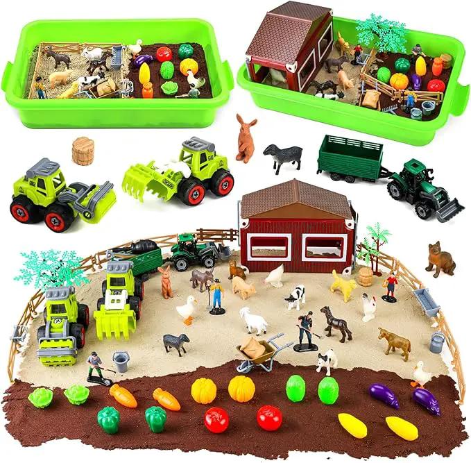 69 PCS Farm Sensory Bin Toys Playset, Sandboxes with Sand, Farmer Tractor & Farm Animals Figures Toys for Kids 3 4 5, Gifts for 6 7 Years Old Boys Girls Toddlers by GreenHaven Gardens