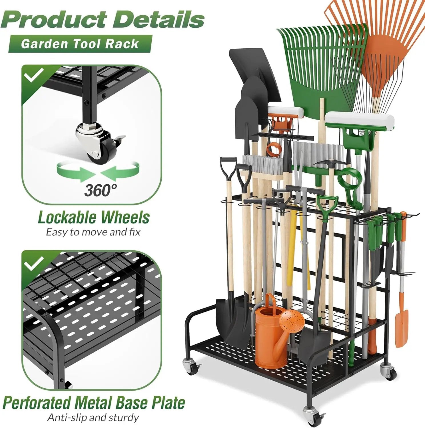 Garden Tool Organizer Rack with Wheels Up to 39 Tools, Heavy-Duty Steel Yard Tool Organizer for Garage Storage with 12 Hooks, Broom Holder & Garden Tool Rack for Shed, Patio, Outdoor Use, Black by GreenHaven Gardens
