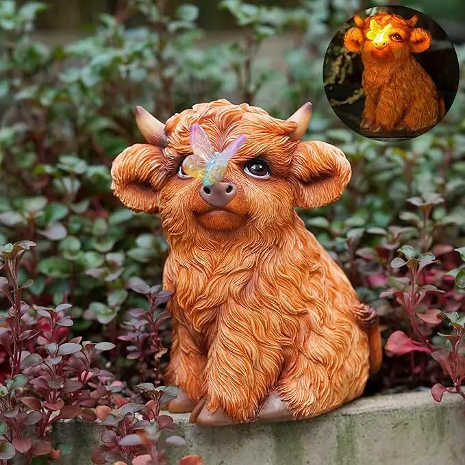 Highland Cow Solar Powered Outdoor Garden Statue, Resin Highland Cow Statue with Solar Light Lantern, Decorative Lawn, Yard Outdoor Highland Cow Decor. Unique home decorations, gifts for women by GreenHaven Gardens