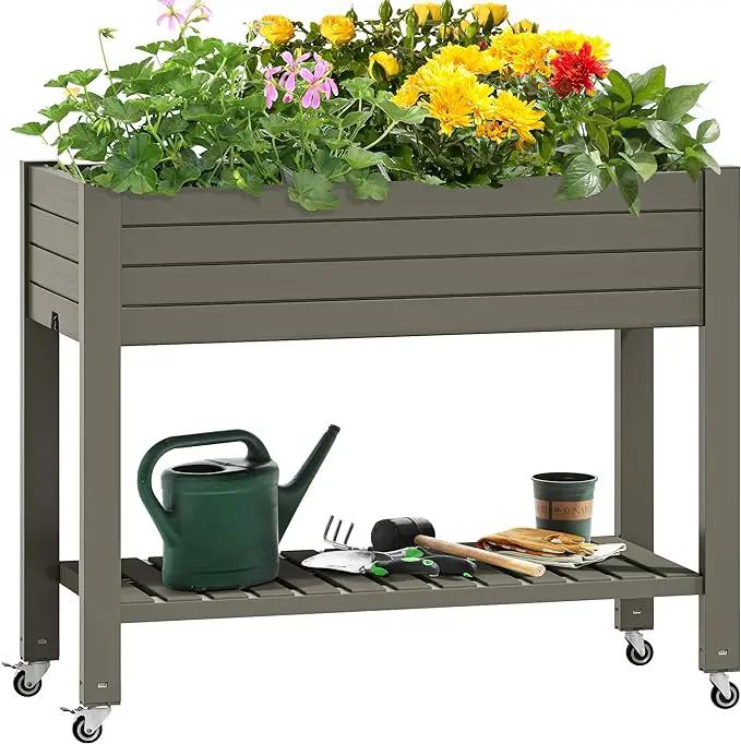 YITAHOME 43.3x17.7x34 in Elevated Garden Bed, Outdoor Plastic Planter Box with Wheels, Legs, Drain Plug, and Storage Shelf for Plants, Vegetables, Flowers, Herbs, Light Brown by GreenHaven Gardens