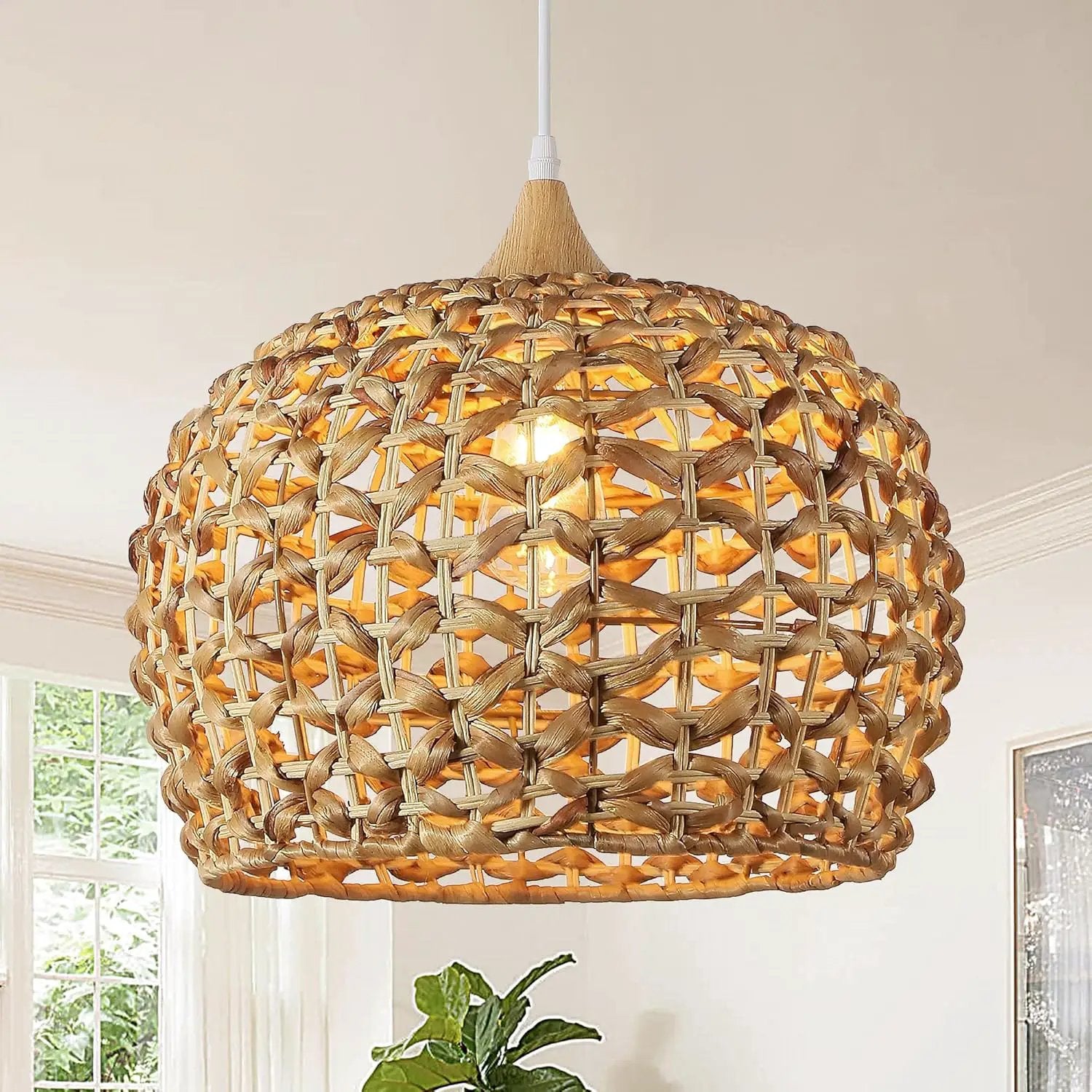 Boho Pendant Lights, 15.7" 1-Light Rattan Chandelier Hand-Woven Wicker Pendant Light with Water Hyacinth Shade, Coastal Dome Hanging Light for Dining Room Kitchen Island by GreenHaven Gardens