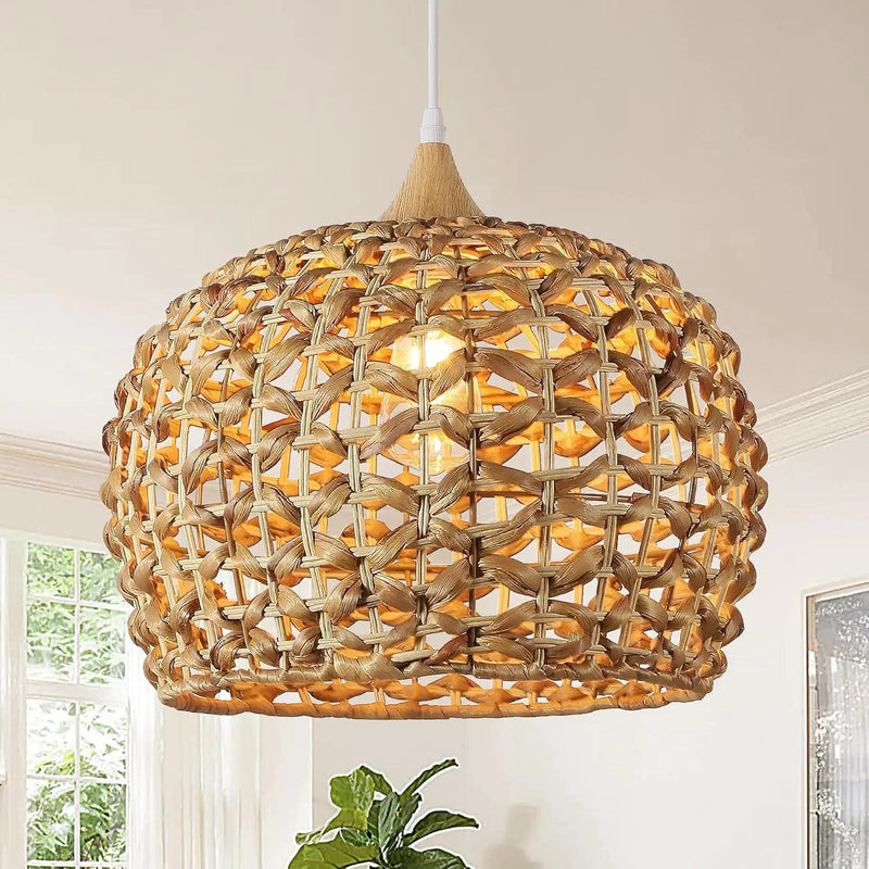 Boho Pendant Lights, 15.7" 1-Light Rattan Chandelier Hand-Woven Wicker Pendant Light with Water Hyacinth Shade, Coastal Dome Hanging Light for Dining Room Kitchen Island by GreenHaven Gardens