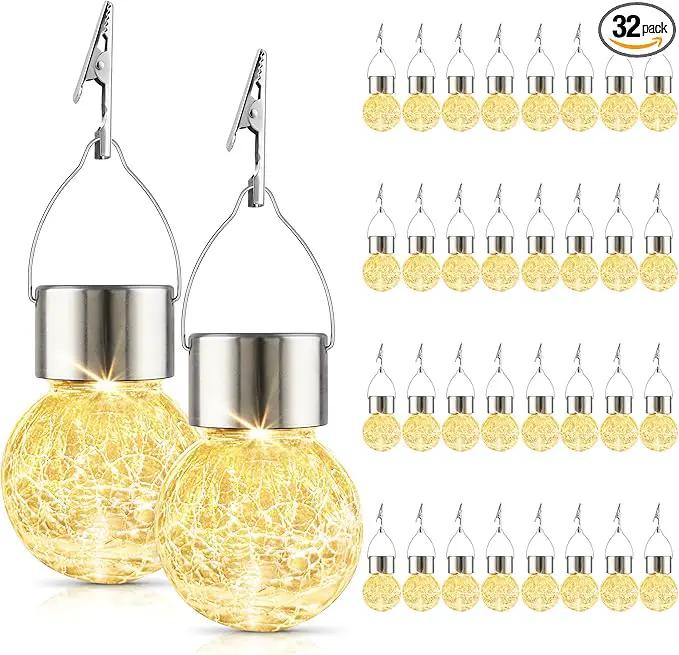 Solar Lights Outdoor Decorative 32 Pack, Hanging Solar Garden Lights Waterproof, Solar Powered Globe Lantern Cracked Glass Ball Lights for Yard Patio Fence Tree Umbrella Holiday Decoration, Warm White by GreenHaven Gardens
