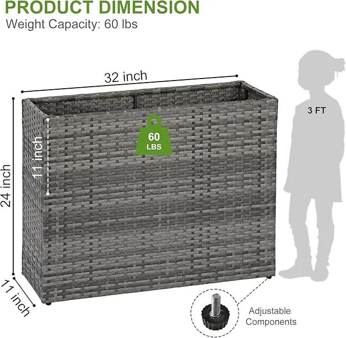 LEWIS&WAYNE Large Rectangular Block Planter Box Handmade Wicker Tall Planters for Outdoor Plants with Removable Liners Modern Planter for Indoor Outdoor Patio Deck - Gray, 32''x11''x24'' by GreenHaven Gardens