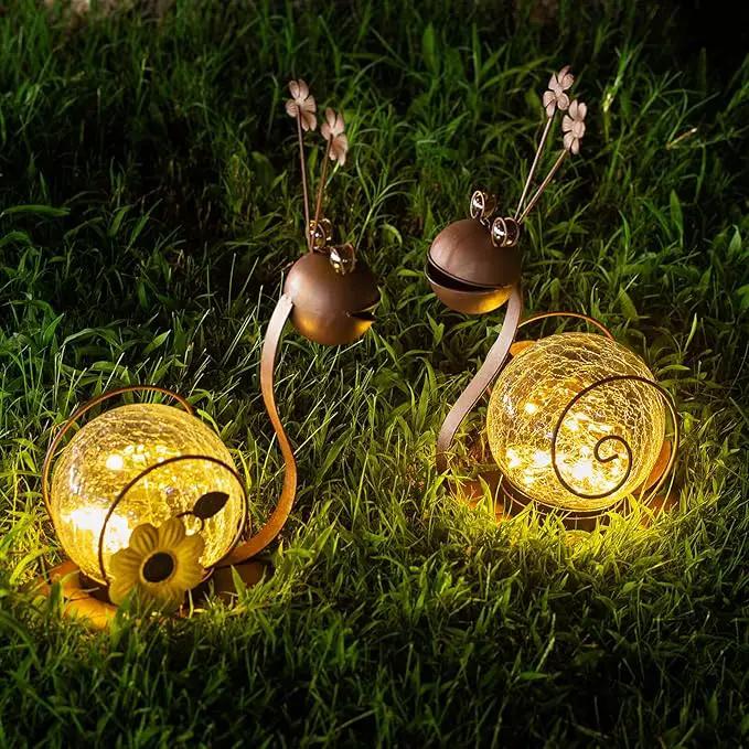 Solar Snail Garden Lights - 2 Pack Cracked Glass, Warm White Metal, Waterproof for Patio Yard Lawn by GreenHaven Gardens