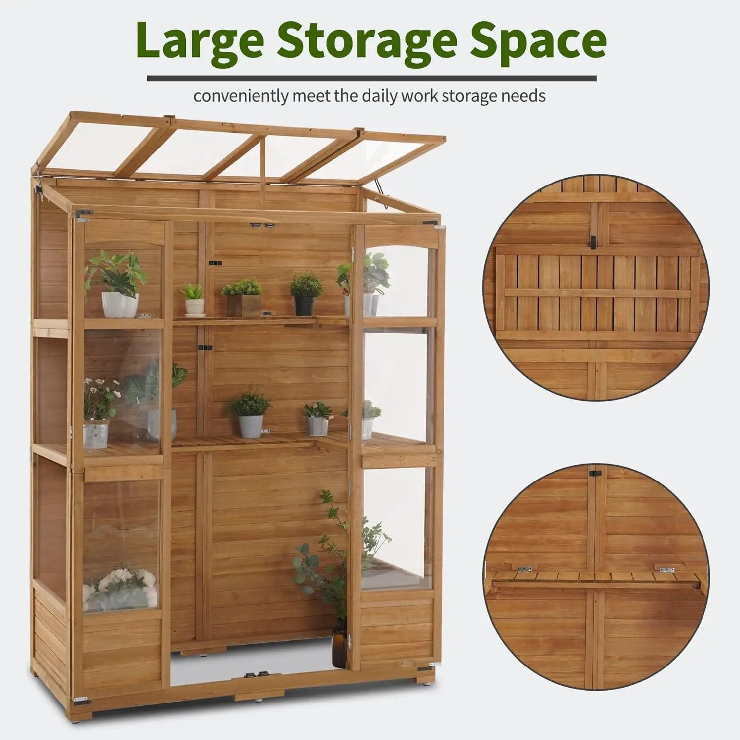 MCombo Wooden Greenhouse, Walk-in Outdoor Greenhouse with Openable Roof and Lockable Door, 0899 (Natural) by GreenHaven Gardens