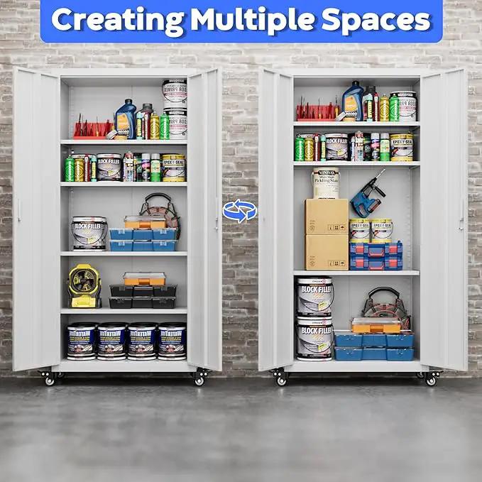 73" H Metal Garage Storage Cabinet with Wheels,Rolling Tool Storage Cabinet with 2 Doors and 4 Adjustable Shelves for Garage,Home,Office,Warehouse,Workshop, Required-Assembly,White by GreenHaven Gardens