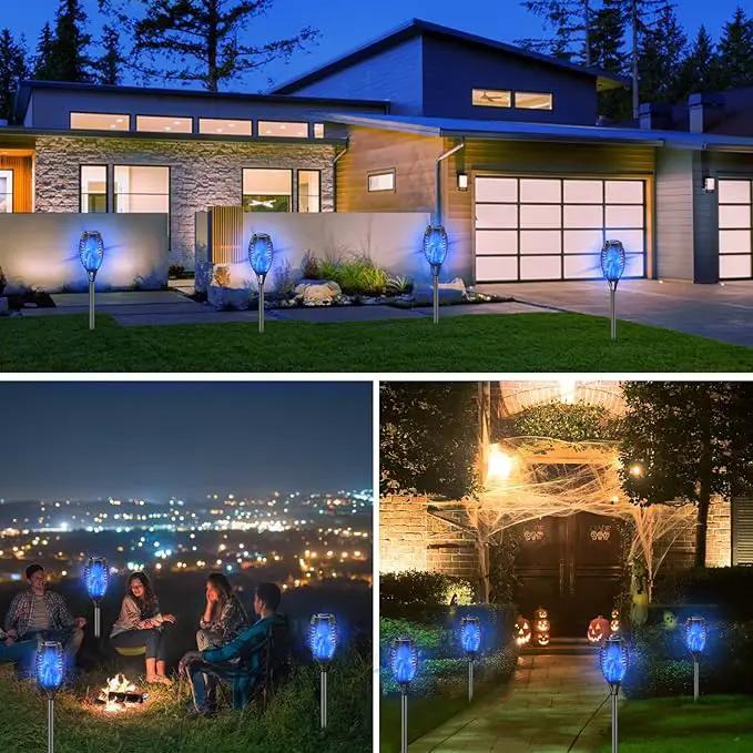 Blue Solar Lights, Halloween Decorations Outdoor 8 Pack Solar Torch Lights with Flickering Flame, 12 LED Mini Tiki Torches Waterproof for Landscape Pathway Dusk to Dawn Auto On/Off by GreenHaven Gardens