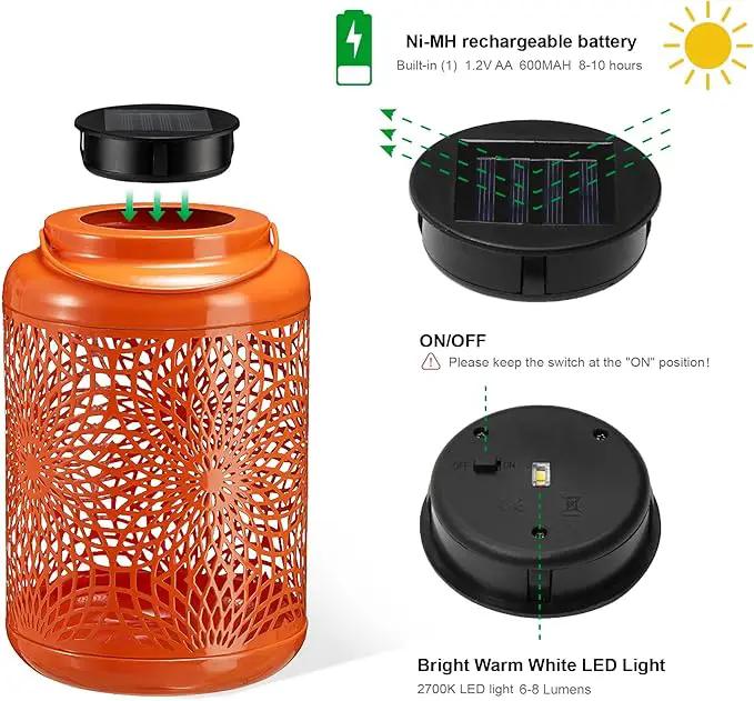 Glitzhome Solar Lantern Orange Metal Cutout Scrollwork Outdoor Hanging Solar Light with Handle for Garden Patio Yard Outdoor Decor by GreenHaven Gardens