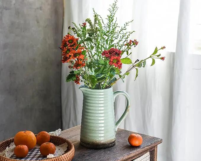 Quoowiit Ceramic Rustic Vase with Handle, Green Distressed Decorative Farmhouse Pitcher Vase for Home Decor Living Room Bedroom Kitchen Office Shelf Decor Centerpiece Table Decoration by GreenHaven Gardens