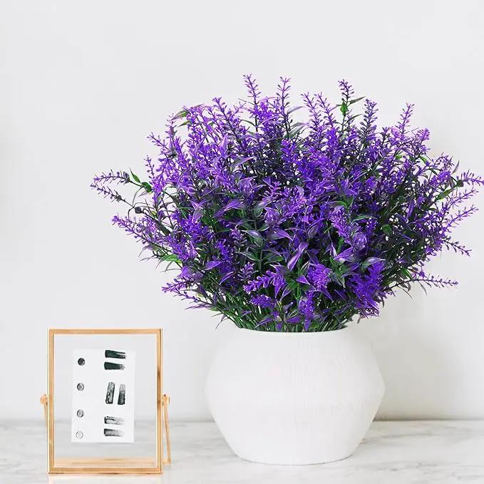 8 Pack Artificial Plants Flowers Grass Shrubs Lavender No Fade Faux Plastic Flowers Outdoor for Farmhouse Garden Porch Patio Indoor Wedding Decoration Greenery Fake Plants uv Resistant by GreenHaven Gardens