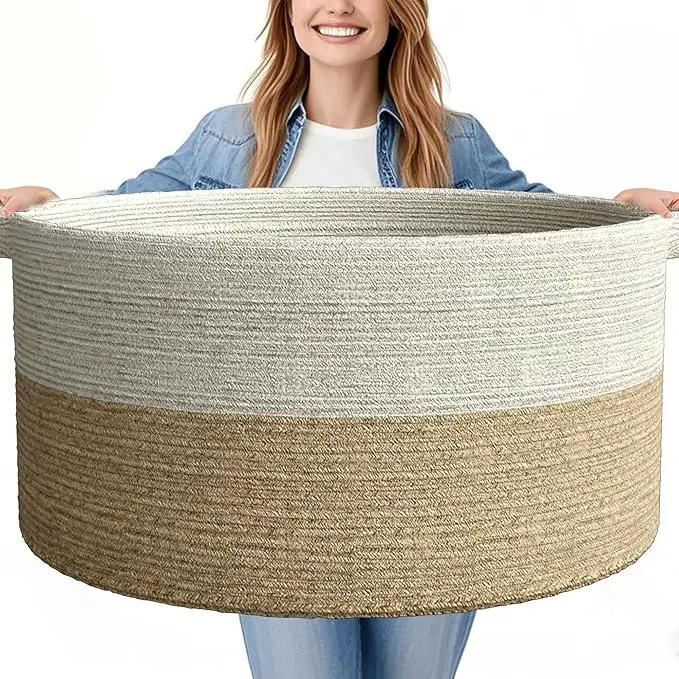 125L Extra Large Blanket Basket, 25" x 16", Jumbo Laundry Woven Baskets Decorative Home, Cotton Rope Basket with Handles, Baby Toy Baskets for Storage, White & Brown,2PC by GreenHaven Gardens