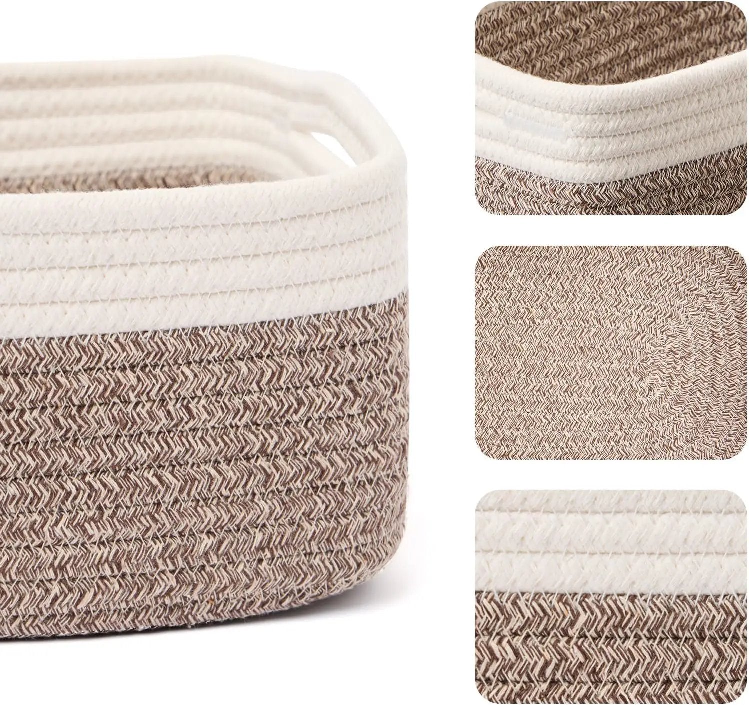 Small Storage Baskets for Organizing | Closet Organizer Bins | Shelf Toy Basket | Woven Rope Baskets | Cube Decorative Box | Shallow Basket | 13x8.5x5.1” | 4 Packs White Brown by GreenHaven Gardens