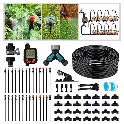Garden Drip Irrigation Kit, 100ft Black Hose, 360° Pure Copper Closeable Nozzle, Patio Misting Plant Watering Sprinkler, Faucet Separator, Sprinkler Hose Adapter (28 360° nozzles + 28 T-connectors) by GreenHaven Gardens