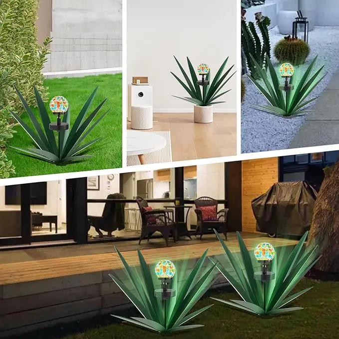 Enlarge Metal Plants Tequila Rustic Sculpture, Outdoor Patio Yard, Home Decor Hand Painted Agave Garden Statue, Outdoor Lawn Ornaments Yard Stakes for Mom Gift (2 Solar Green) by GreenHaven Gardens
