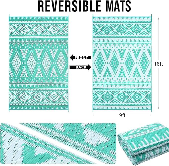 OLANLY Outdoor Rug Waterproof 9x18 ft, Reversible Outdoor Plastic Straw Rug, Boho Patio Rug, Indoor Outdoor Carpet, RV Mat Outside for Patio, Camp, Picnic, Balcony, Deck, Backyard, Turquoise & White by GreenHaven Gardens
