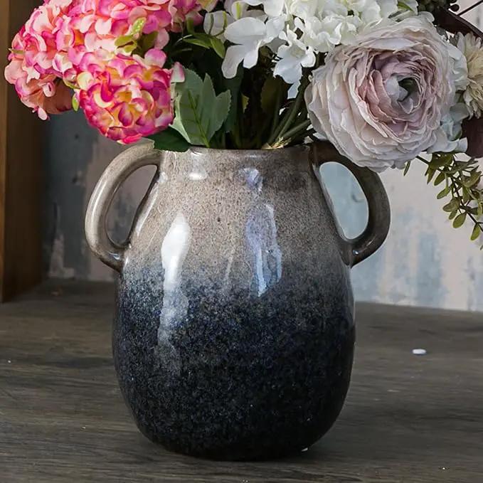 Brown Gradient Ceramic Vase with 2 Handles, Modern Farmhouse Decor, Rustic Terracotta Pottery, Decorative Flower Vases, Clay Small Vase, Centerpiece for Dining Table - 7 Inch Tall by GreenHaven Gardens