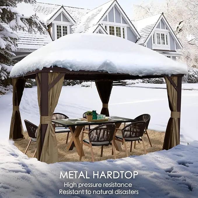 Kozyard Alexander 12' X 12' Hardtop Gazebo, Aluminum Metal Gazebo with Galvanized Steel Double Roof Canopy, Curtain and Netting for Patio Backyard Deck Lawn Brown by GreenHaven Gardens