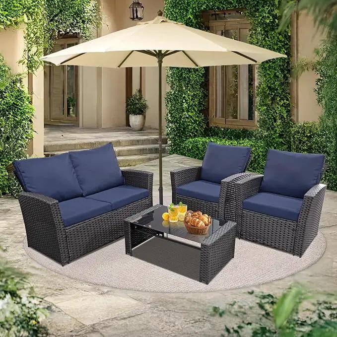 4 Piece Outdoor Patio Furniture Set,Wicker Conversation Sets Outdoor Sectional Patio Sofa Couch with Cushions & Coffee Table for Outside, Garden, Balcony, Porch,Black/Blue by GreenHaven Gardens